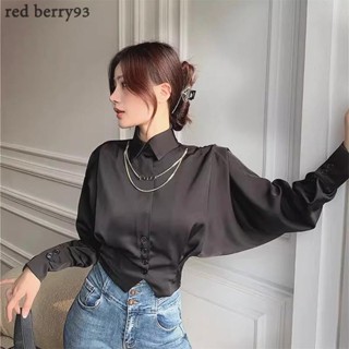 Red Berryเสื้อเชิ้ตแขนสั้นเอวสูงแขนยาวทรงปีกค้างคาวสไตล์ฝรั่…