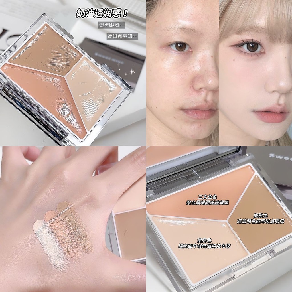 Three-Color Elf คอนซีลเลอร์ Palette Cover Dark Circles Nasolabial Lines Highlighter Brightening Inte
