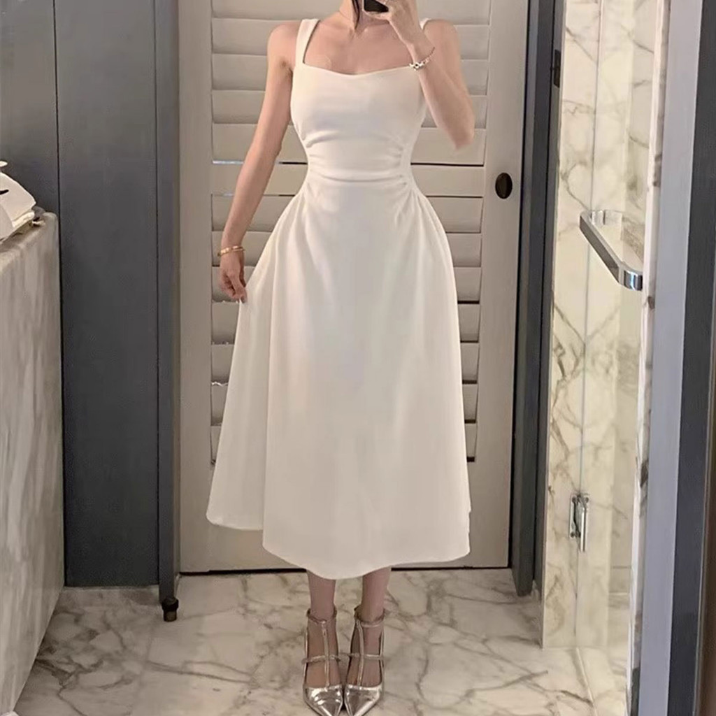 ใหม่ เดรสยาวสไตล์เกาหลีรุ่นใหม่ล่าสุด สำหรับสาวๆ แฟชั่นใหม่ ชุดเดรสสายเดี่ยว มีสองสี