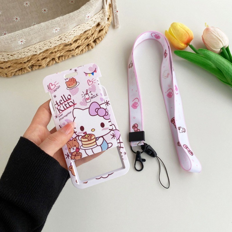 Hello Kitty Kuromi Melody การ์ตูน PVC ผู้ถือบัตร Sanrio อะนิเมะเชือกเส้นเล็ก ID เคสป้องกันแขวนคอ Anti-lost ฝาครอบ