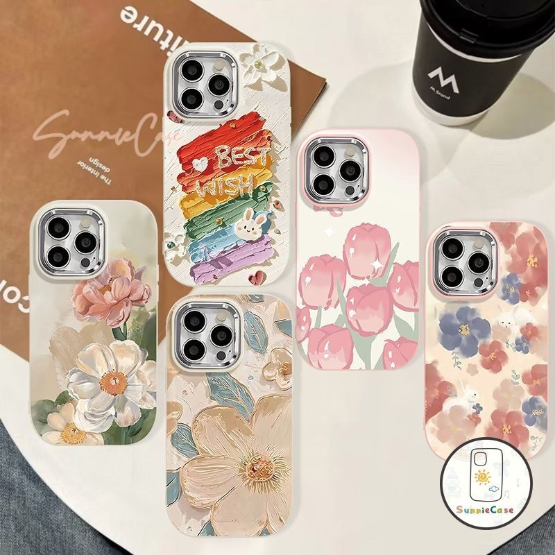 วินเทจจิตรกรรมดอกไม้ดูเดิล เคสIPhone XR X XS Max 7 Plus 8 Plus 12 14 13 11 15 Pro Max เคสไอโฟน SE แฟชั่น เคส