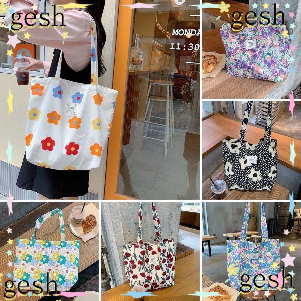 Gesh1 กระเป๋าผ้าแคนวาส กระเป๋าสะพายข้างลําลอง กระเป๋าถือลายดอกไม้