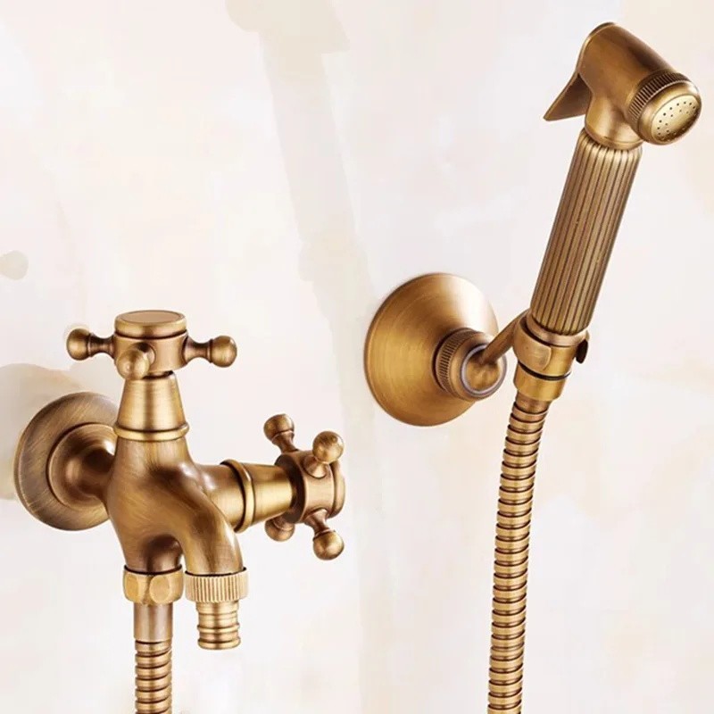 ทองเหลืองโบราณมือถือห้องน้ํา Bidet Sprayer ชุดคู่ใช้ Bidet ก๊อกน้ําติดผนังห้องน้ํา Sprayer Shower Bi