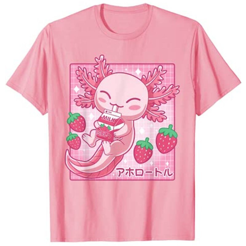 เสื้อยืด พิมพ์ลายการ์ตูนอนิเมะ Kawaii Axolotl Stra y2k oversize สีขาว วินเทจ ชุดปกติ