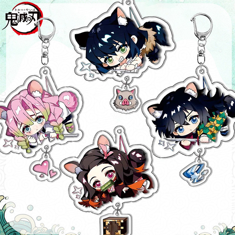Anime Demon Slayer พวงกุญแจการ์ตูน Tanjirou Kamado Nezuko Tomioka Giyuu Kimetsu ไม่มี Yaiba อะคริลิคคู่ด้านข้าง Key แหวนกระเป๋าจี้