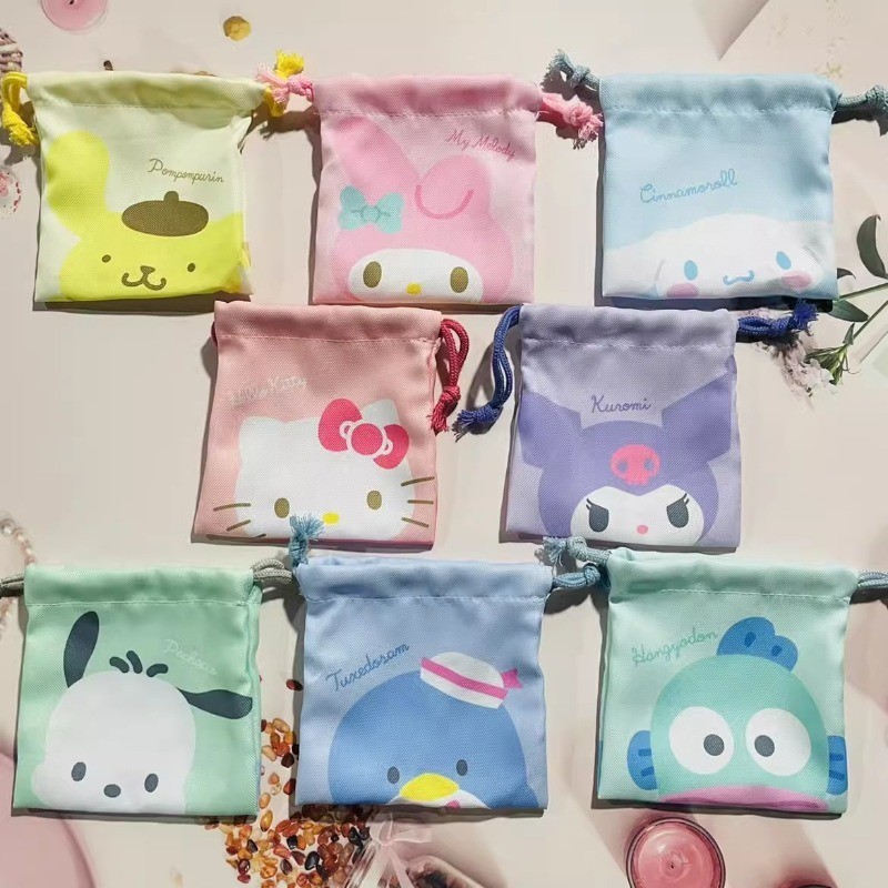 Sanrio Anime Bag Pocket Kawaii Hello Kitty Kuromi Cinnamoroll กระเป๋าเก็บการ์ตูนแบบพกพาพับถุงขนมเด็กของขวัญ