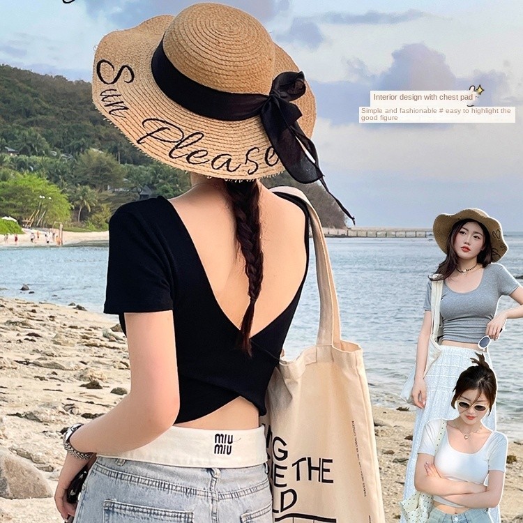 เสื้อยืดแขนสั้นสีเทาผู้หญิงฤดูร้อนสั้นใหม่ที่สวยงามกลับหวานและเผ็ดออกแบบ ซอก เปลือย สูงสุด