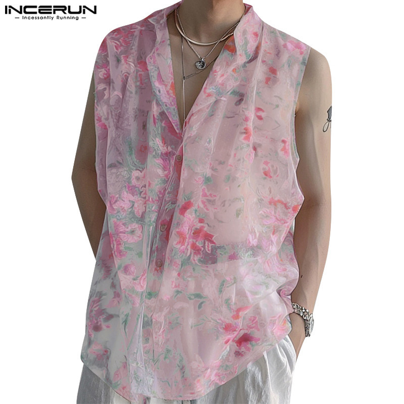 Incerun เสื้อแขนกุดพิมพ์ลายดอกไม้ลําลองสําหรับบุรุษเกาหลี