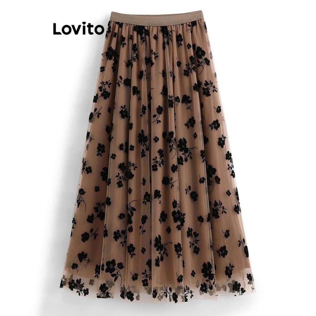 Lovito กระโปรงผู้หญิง ลายดอกไม้ ผ้าตาข่าย สไตล์หรูหรา LNL59255