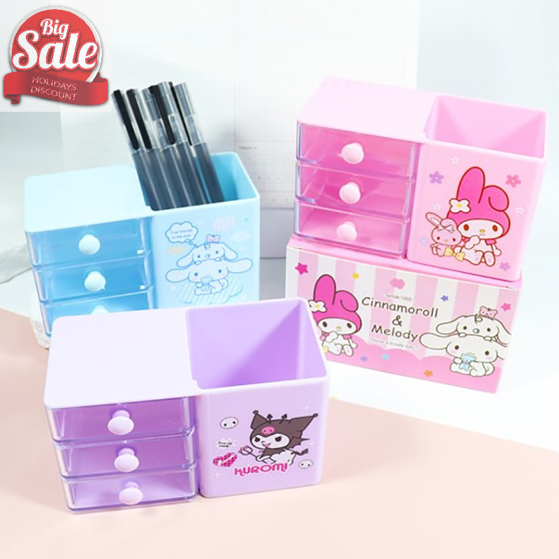 Af Sanrio Hello Kitty ลิ้นชักคู่กล่องเก็บเครื่องประดับการ์ตูน Melody Double Layer สติกเกอร์เครื่องประดับเดสก์ท็อปผู้ถือปากกาสาวของขวัญ A