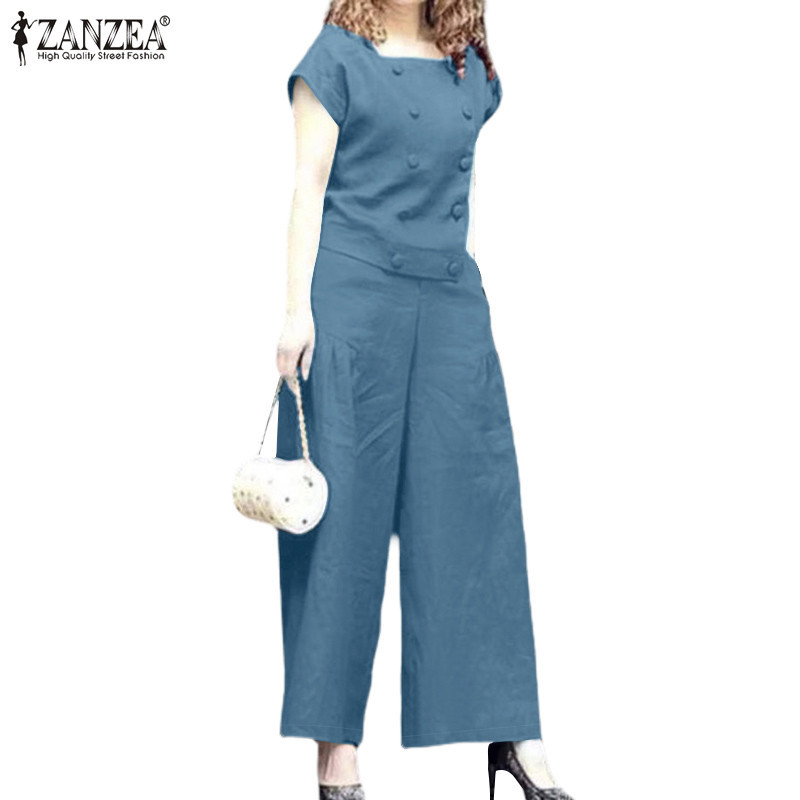 ZANZEA ใส่ ซานเซีย ผู้หญิงวินเทจสแควร์ปกกระเป๋าด้านข้างคู่หน้าอกแขนสั้นสีทึบชุด