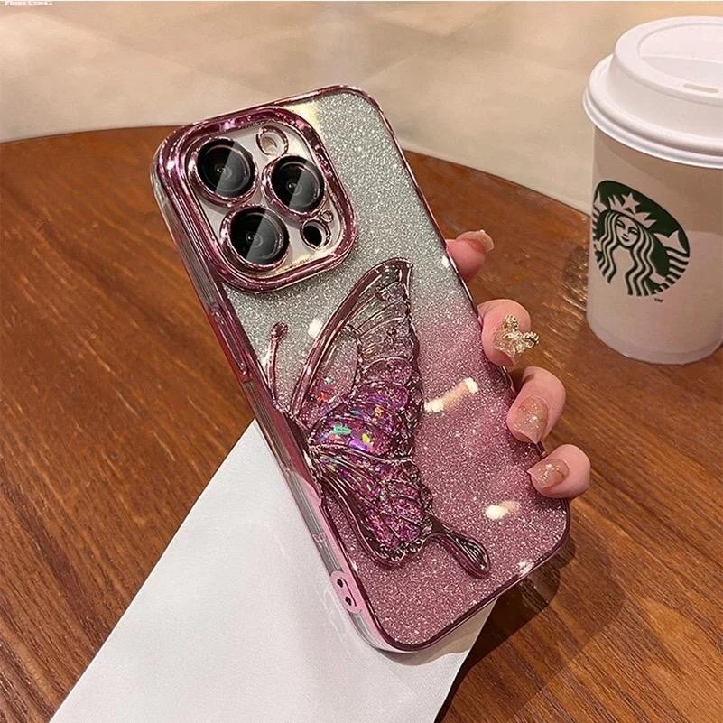 เคสโทรศัพท์สําหรับiPhone 17 16 15 14 13 12 11 Pro Max Air Plusผีเสื้อไหลGlitterปกหลัง