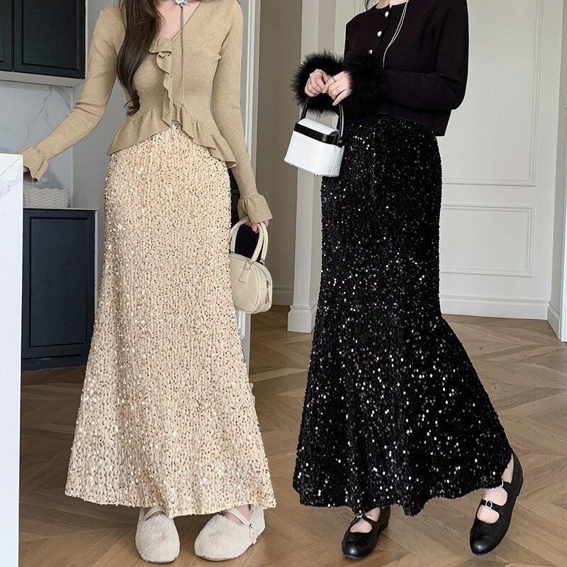 ฤดูใบไม้ร่วงฤดูหนาวสไตล์ใหม่กํามะหยี่เลื่อมกระโปรงยาวผู้หญิงที่มีเอวสูงออกแบบสลิมมิ่งซอกแฟชั่นแขวนกระโปรงหางปลา - รูปที่ 6