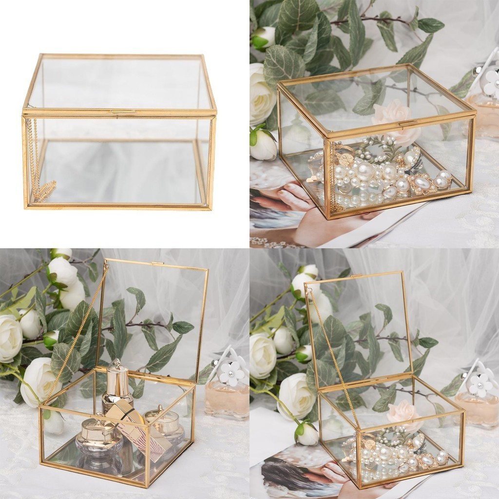 [Lszcx6l] Vintage Brass & Clear Glass ตกแต่งตกแต่ง,เครื่องประดับขนาดเล็กกล่อง Organizer พร้อมฝาปิดสลัก 5x5x3"