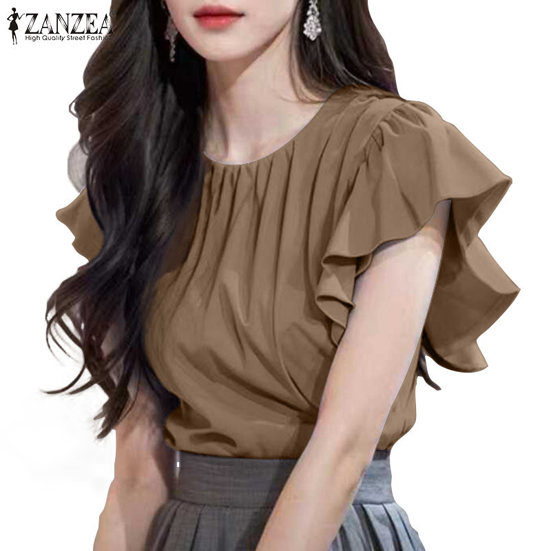 ZANZEA ซานเซีย เสื้อเบลาส์แขนสั้นคอกลมนัวเนียแฟชั่นเกาหลีสําหรับผู้หญิง