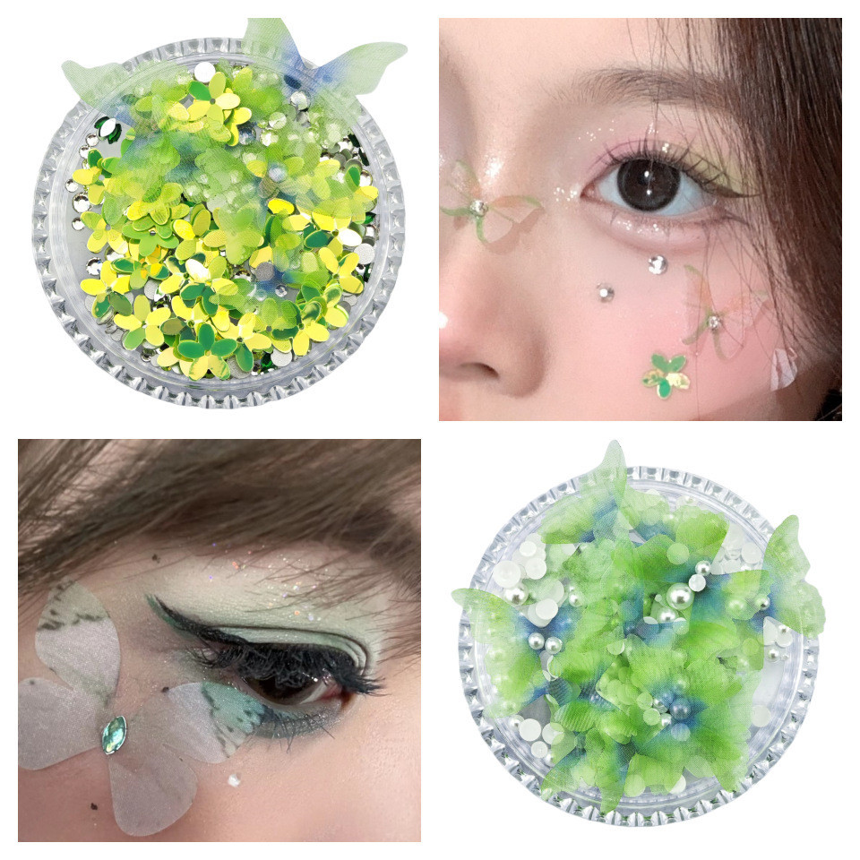 เวทีแต่งหน้าตาข่ายสีเขียวผีเสื้อตาแต่งหน้าแสงเพชรฉีกขาดเพชร seahorse Body Face pasters ornament