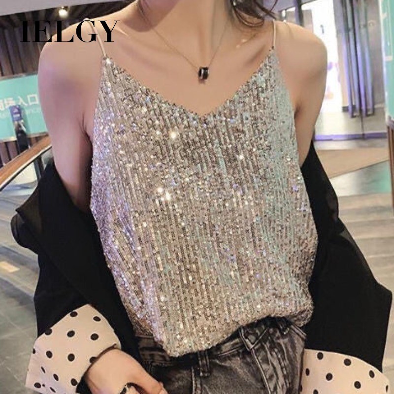 IELGY เสื้อชั้นในสตรีคอวีกลิตเตอร์เซ็กซี่ผู้หญิงสั้นหลวมด้านบน