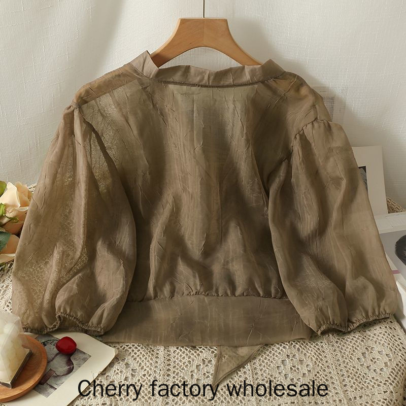 ใหม่แฟชั่นผู้หญิงเสื้อแขนพัฟบางลูกไม้ขึ้นครีมกันแดดชีฟองด้านบนสุภาพสตรีเสื้อผ้าสบายๆ