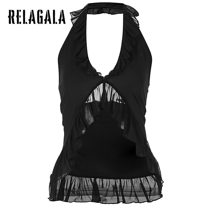 Relagala ผู้หญิง 2024 ใหม่แฟชั่น V คอสีทึบเซ็กซี่ Splicing ตาข่าย Crop Top