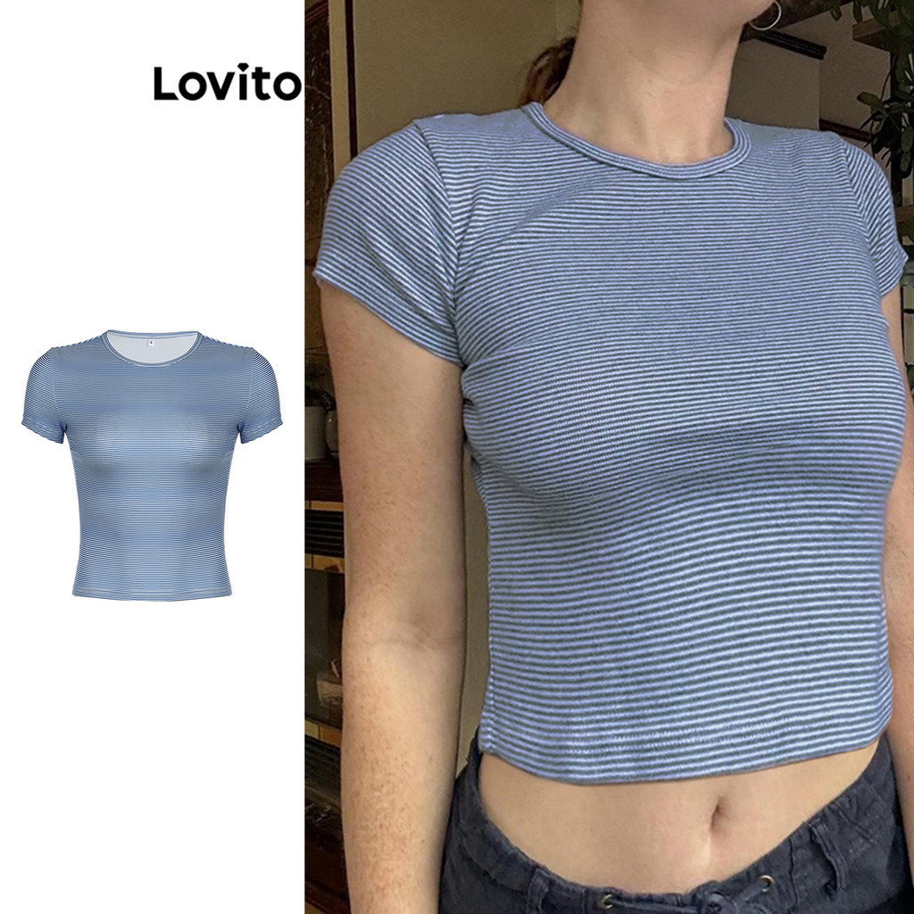 Lovito เสื้อยืดลายทางลำลองสำหรับผู้หญิง LNE72013