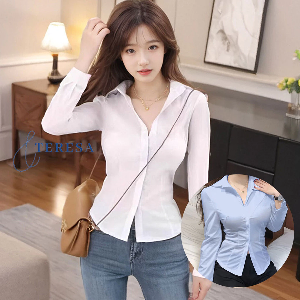 เสื้อเชิ้ตแขนยาวคอปก สีพื้นสุภาพ ราคาถูก สำหรับผู้หญิงใส่ทำงาน