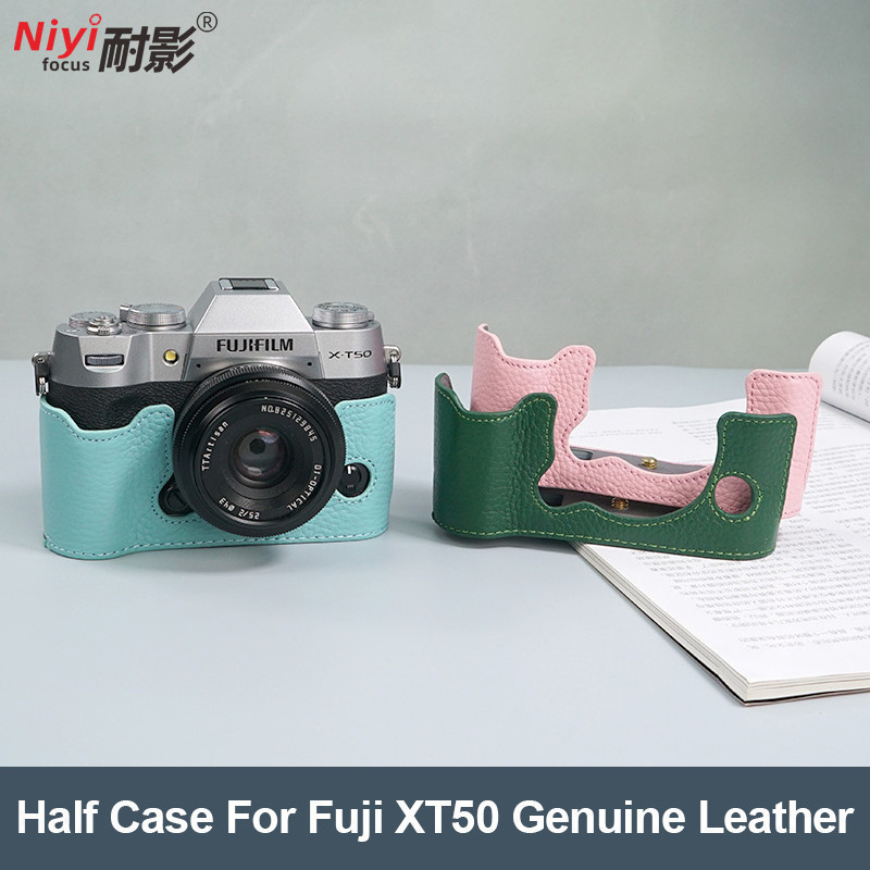 หนัง PU Fujifilm X-T50 ฐานกระเป๋าครึ่งฝาครอบหนังแท้สําหรับ Fuji XT50 ปลอกกล้องพร้อมสายรัด