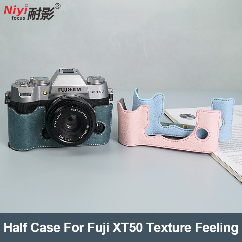 หนัง PU Fujifilm X-T50 ฐานกระเป๋าครึ่งฝาครอบหนังแท้สําหรับ Fuji XT50 ปลอกกล้องพร้อมสายรัด