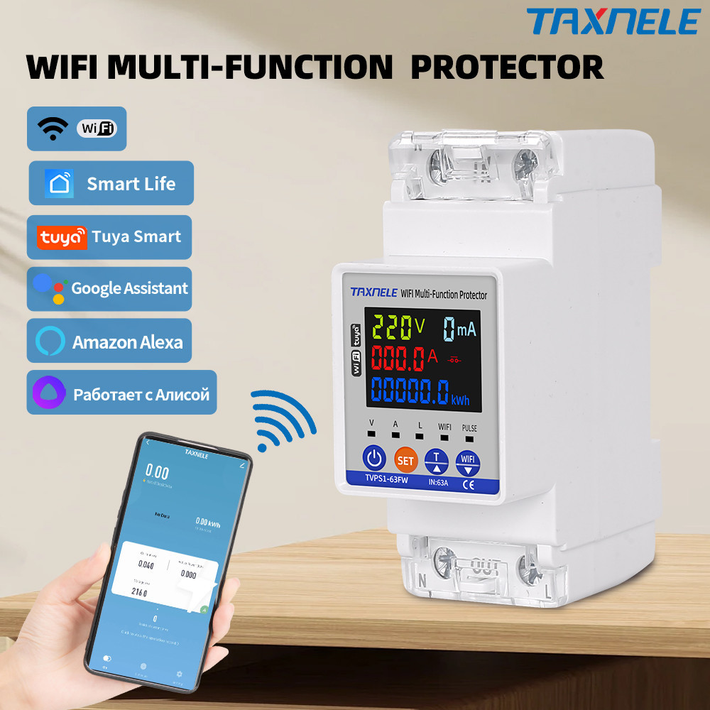 TAXNELE 63A WIFI Tuya Energy Meter Kwh Metering แรงดันไฟฟ้า Earth Leakage Protection Smart Life