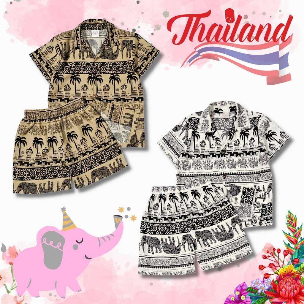 THA0941#2 ชุดช้าง เซ็ตเสื้อฮาวาย+กางเกงขาสั้น ผ้าไหมอิตาลี ลายช้างไทย เสื้อผ้าเด็ก ชุดเด็กแฟชั่นลายการ์ตูน ชุดครอบครัว