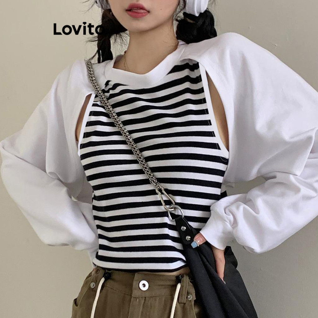 Lovito เสื้อสเวตเตอร์ สไตล์วิทยาลัย ลายบล็อกสี สำหรับผู้หญิง LNA68063