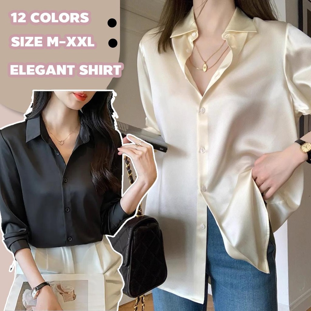 mimi&didi#เสื้อเชิ้ตผ้าซาตินแขนยาว คอวี เสื้อแฟชั่นผู้หญิง สีทึบหรูหรา ไม่เกิดริ้วรอยง่าย สไตล์พื้นฐาน เดรปปิ้ง#W443