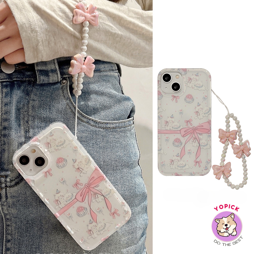 เค้กแมวโบว์สายรัดข้อมือน่ารักเคสโทรศัพท์สําหรับiphone 11 12 13Pro Max 14Plus XR XS Max 7 8 Plus SE2020 การ์ตูนฝาครอบโทรศัพท์สําหรับIPhone 15ProMaxสาวเพื่อนโซ่แขวนเชือกZBD