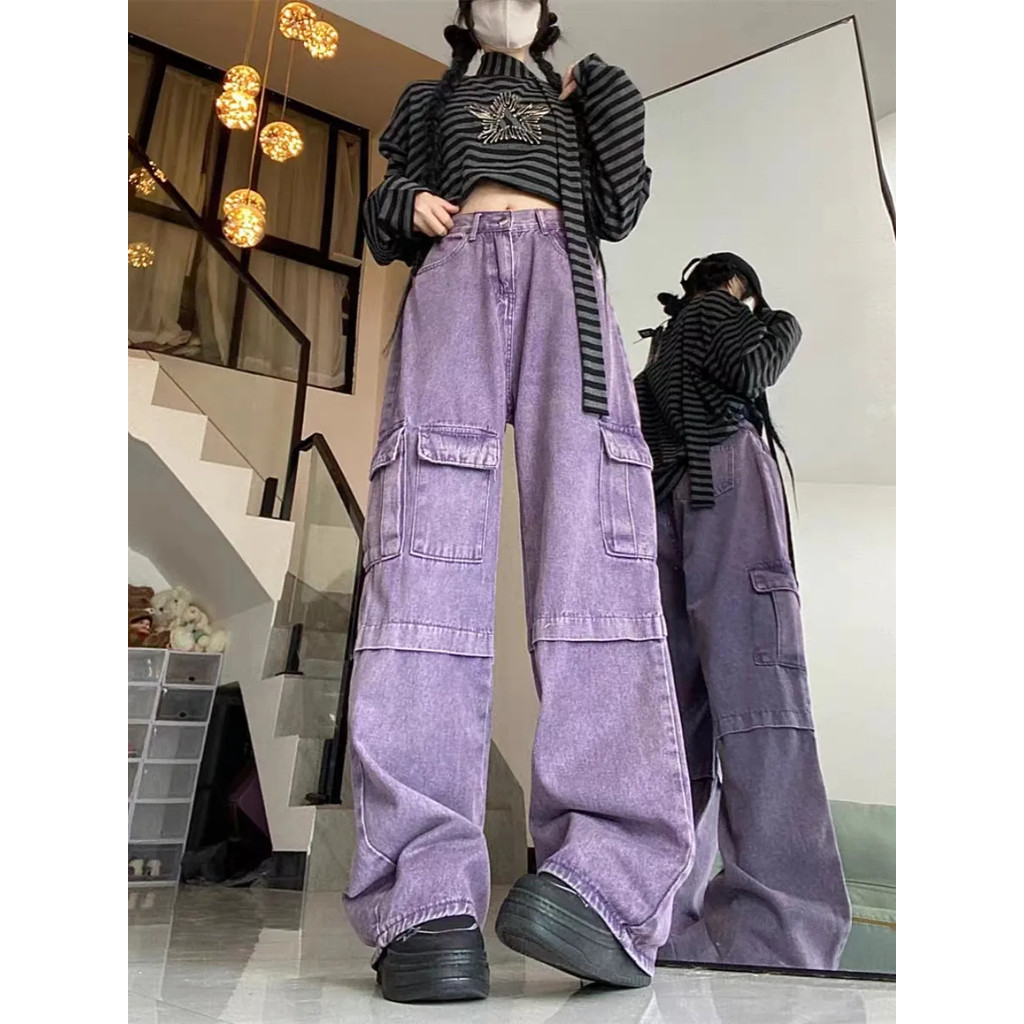 ราคาพิเศษ! F & X กางเกงยีนส์มีสไตล์อเมริกันวินเทจสีม่วงใส่ทำงานหลายกระเป๋ากางเกงยีนส์ผู้หญิงรุ่นใหม่ INS กางเกงขากว้างทรงตรงเอวสูงทรงหลวมดูผอมเพรียว