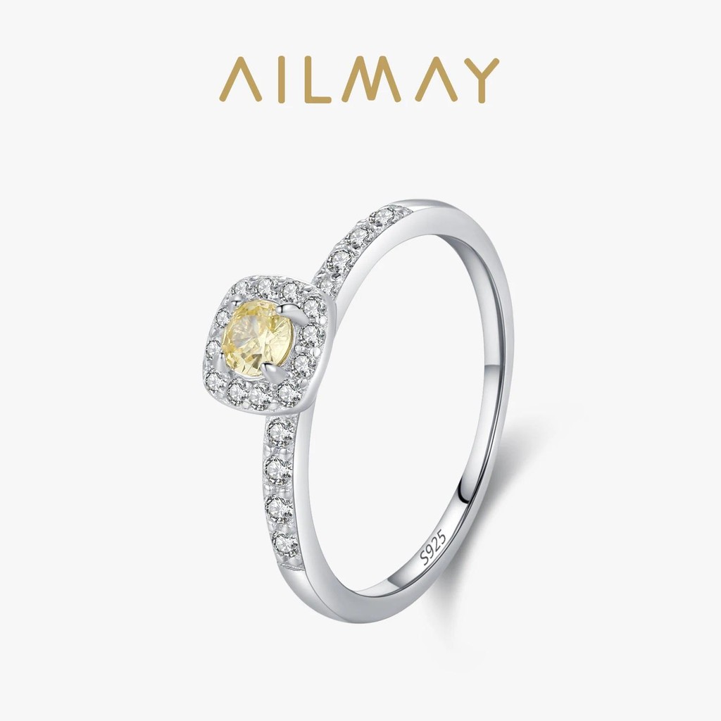 Ailmay 925 เงินสเตอร์ลิง Shining Lemon Yellow Square แหวนเพทายสําหรับผู้หญิง