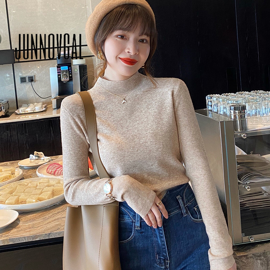 จุนนกัล ผู้หญิงสีทึบเสื้อยืดคอเต่าถัก 2024 แขนยาวสไตล์ใหม่