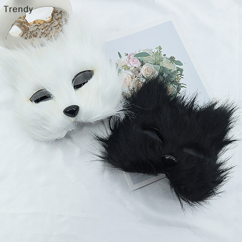 [อินเทรนด์] 1pc ฮาโลวีนคอสเพลย์ปาร์ตี้เครื่องแต่งกาย DIY อุปกรณ์เสริม Faux Fur Fox หน้ากาก Furry ครึ่งหน้าจําลองสัตว์แมวหน้ากาก Boutique