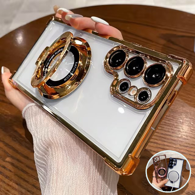 ถูกที่สุด ขาตั้งแม่เหล็ก แบบหนาสี่มุมโปร่งใสแข็งกันกระแทกเคสโทรศัพท์สำหรับ Samsung Galaxy S24 S23 S22พิเศษบวก.ใช้ดี