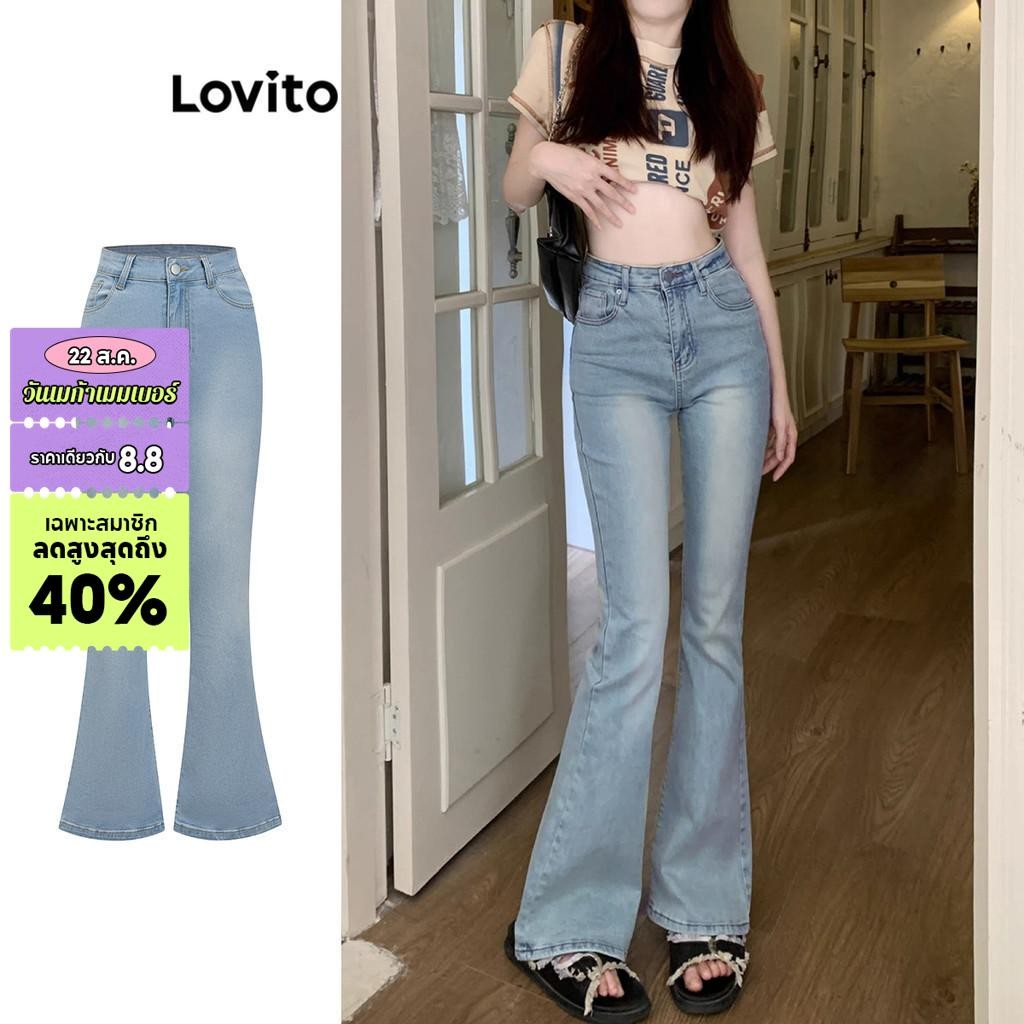 Lovito กางเกงยีนลําลอง แต่งกระดุม สําหรับผู้หญิง LBA79096