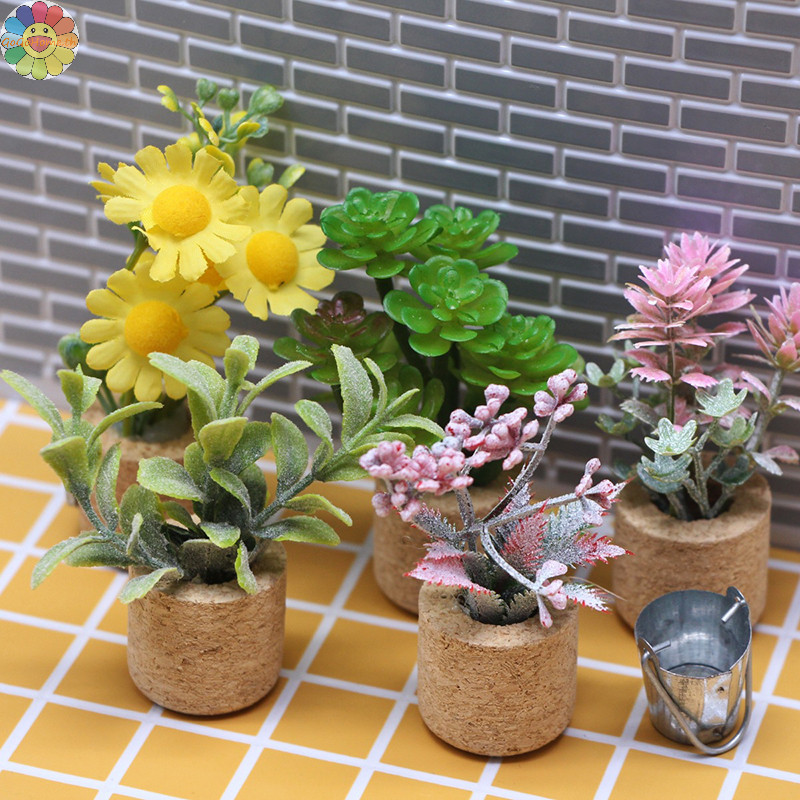 Gogo 1:12 ตุ๊กตาจําลองดอกไม้กระถางต้นไม้บ้านตุ๊กตา Miniature พืชสีเขียวตกแต่งสวน Micro ภูมิทัศน์เครื่องประดับ TH