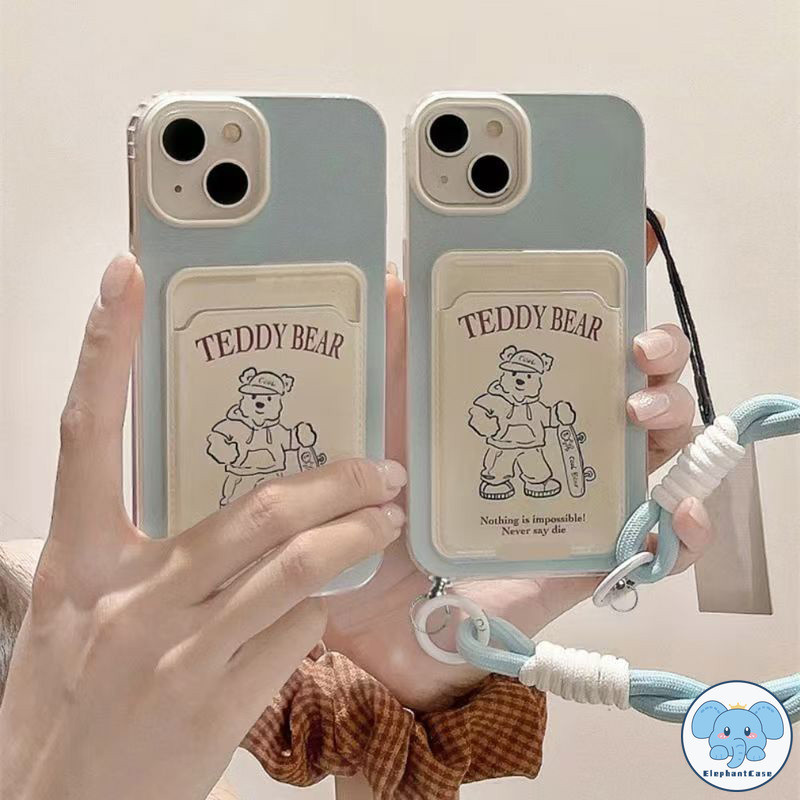 การ์ตูนตุ๊กตาหมีแบร์กรณีคล้องบัตรเข้ากันได้กับ เคสไอโฟน 13 15 14 11 12 Pro Max XS XR X Max 7 15 8 14 Plus SE เคส
