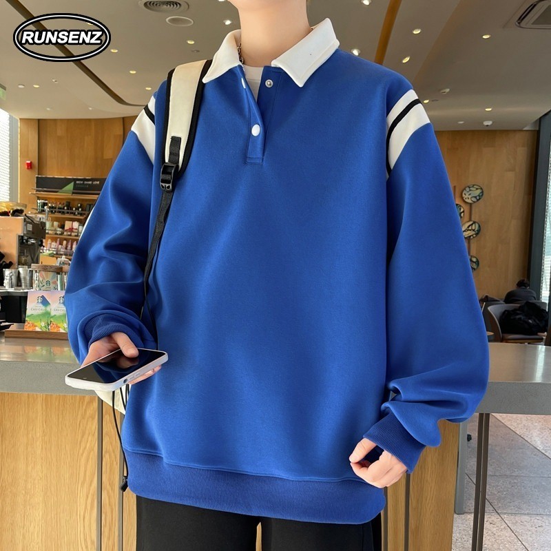 M-8xl เกาหลีแฟชั่นลายเสื้อกันหนาวผู้ชาย Plus ขนาดเสื้อโปโลลําลองหลวมแขนยาว Oversize Top