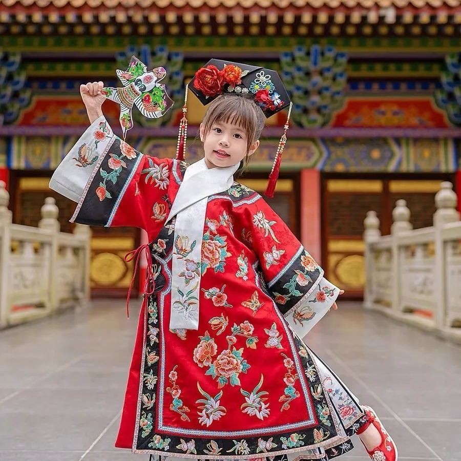 Gege Children's Hanfu เด็กสไตล์โบราณ Muyan Qing Dynasty ชุดเต็มสไตล์พระราชวังชุดธงเจ้าหญิงราชวงศ์ชิงสไตล์เดียวกัน Tufj