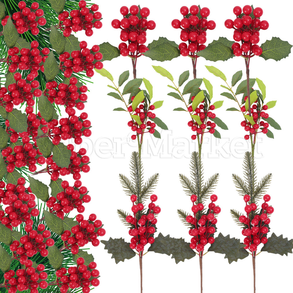 [โดดเด่น] สาขา Christmas Berries - ช่อดอกไม้ผลไม้สีแดงประดิษฐ์ - จําลอง Green Leaf Berry - จี้ตกแต่งต้นคริสต์มาส - เครื่องประดับพวงมาลัย DIY - ผลิตภัณฑ์ตกแต่งบ้าน