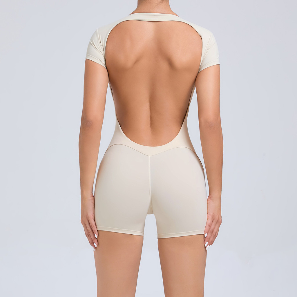 Shamzu เซ็กซี่ Backless พีชบั้นท้ายฟิตเนส Jumpsuit ผู้หญิง Breathable Dance ชุดกีฬาแขนสั้นชุดโยคะ
