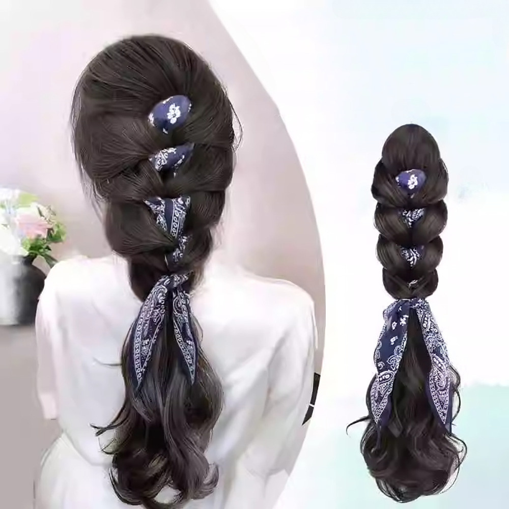 ริบบิ้นดอกไม้ย้อนยุคถักบิดถักเปียคลิปวิกผมธรรมชาติไม่มีรอยต่อการเชื่อมต่อผมหางม้าขยาย