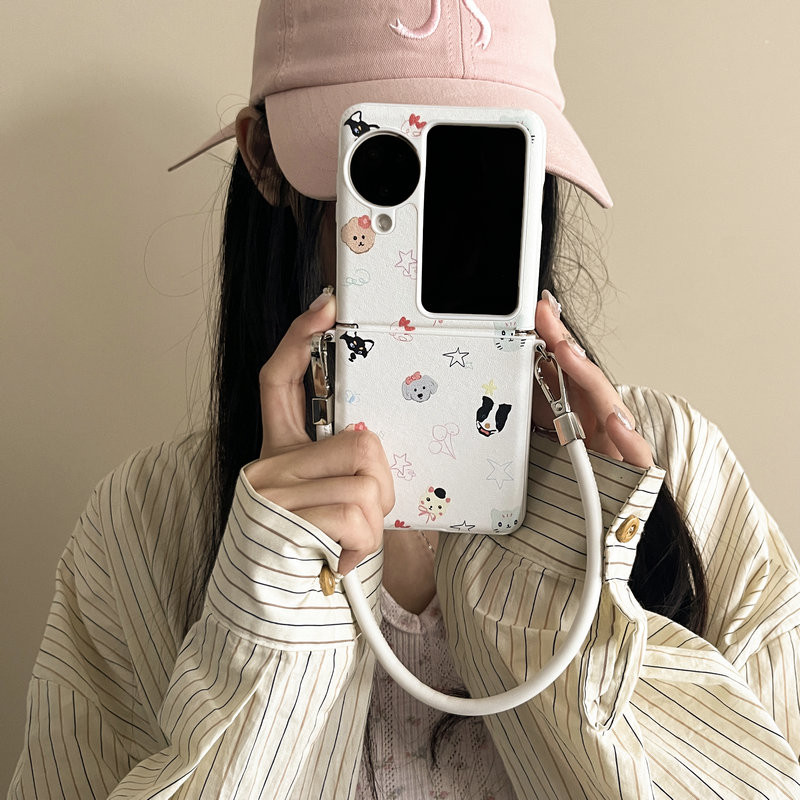 เคสโทรศัพท์แบบพับได้สําหรับoppo Find N2 N3 Flip Skinครอบคลุมลูกสุนัขแบบเต็มหน้าจอพร้อมสายรัดข้อมือเคสโทรศัพท์หนังTPUแบบแข็ง