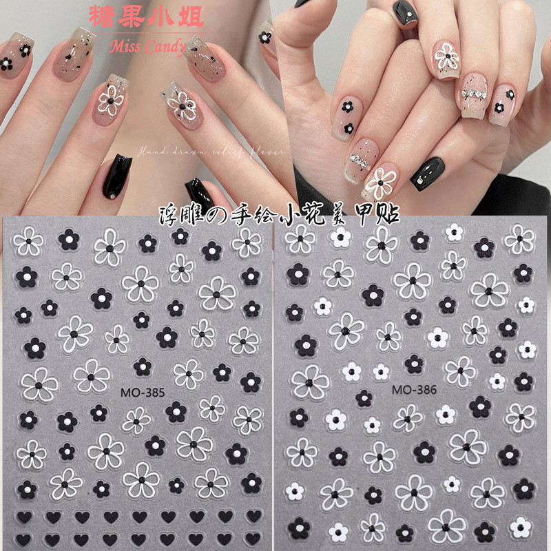 สีดําสีขาวมือวาดดอกไม้ขนาดเล็กนูนสติกเกอร์แต่งเล็บรักดอกไม้สวมใส่เล็บสติกเกอร์