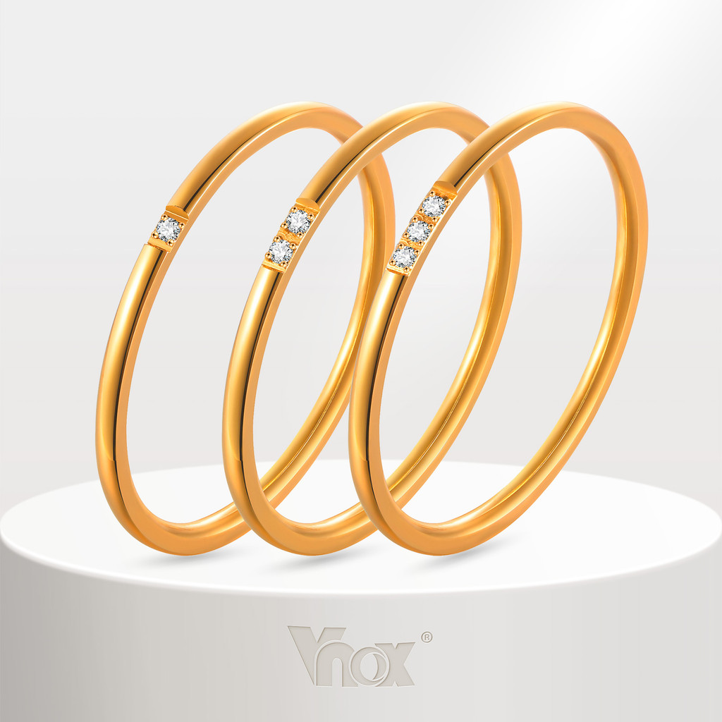 Vnox 18K Gold Plated Stackable Smooth แหวนผู้หญิงชุดเครื่องประดับงานแต่งงาน,Shining Zircon Cubic Tiny Dainty แหวนทองชุด