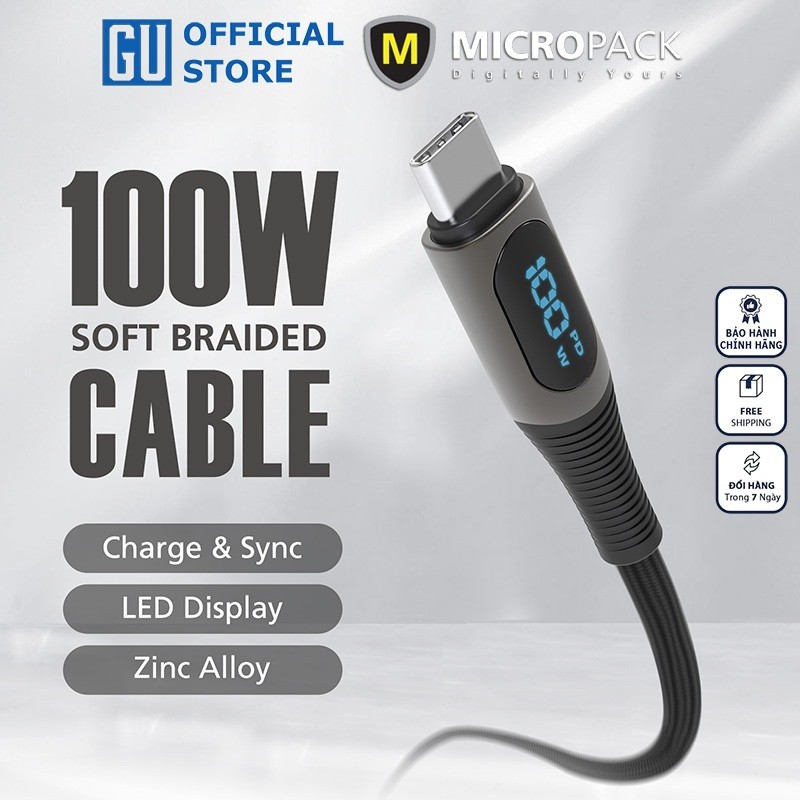 MicroPack POWER LINK C2 MC-C100 สายชาร์จเร็วแบบถักนุ่ม 100W USB-C to C ร่มถัก Led ชาร์จจอแสดงผลพลังง
