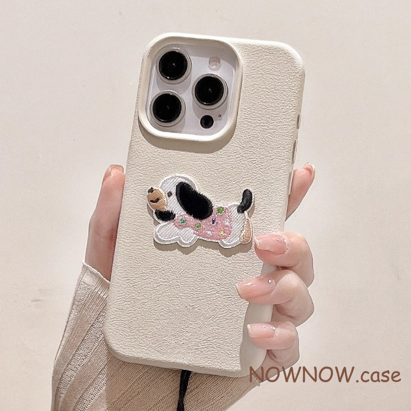 สําหรับiphone 15 14 13 12 11 Pro MAX X XR XS MAX 7 8 Plus SE 2020 INSการ์ตูนน่ารักDIYเย็บปักถักร้อยลูกสุนัขเคสโทรศัพท์หนังสีขาวรูปแบบเปลือกนุ่ม